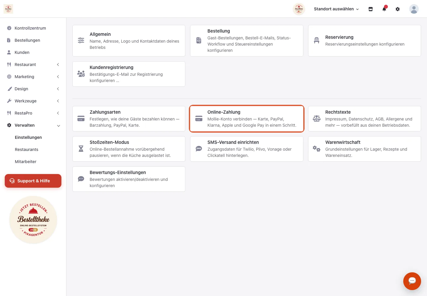 Einstellungsübersicht mit hervorgehobener Kachel Online-Zahlung