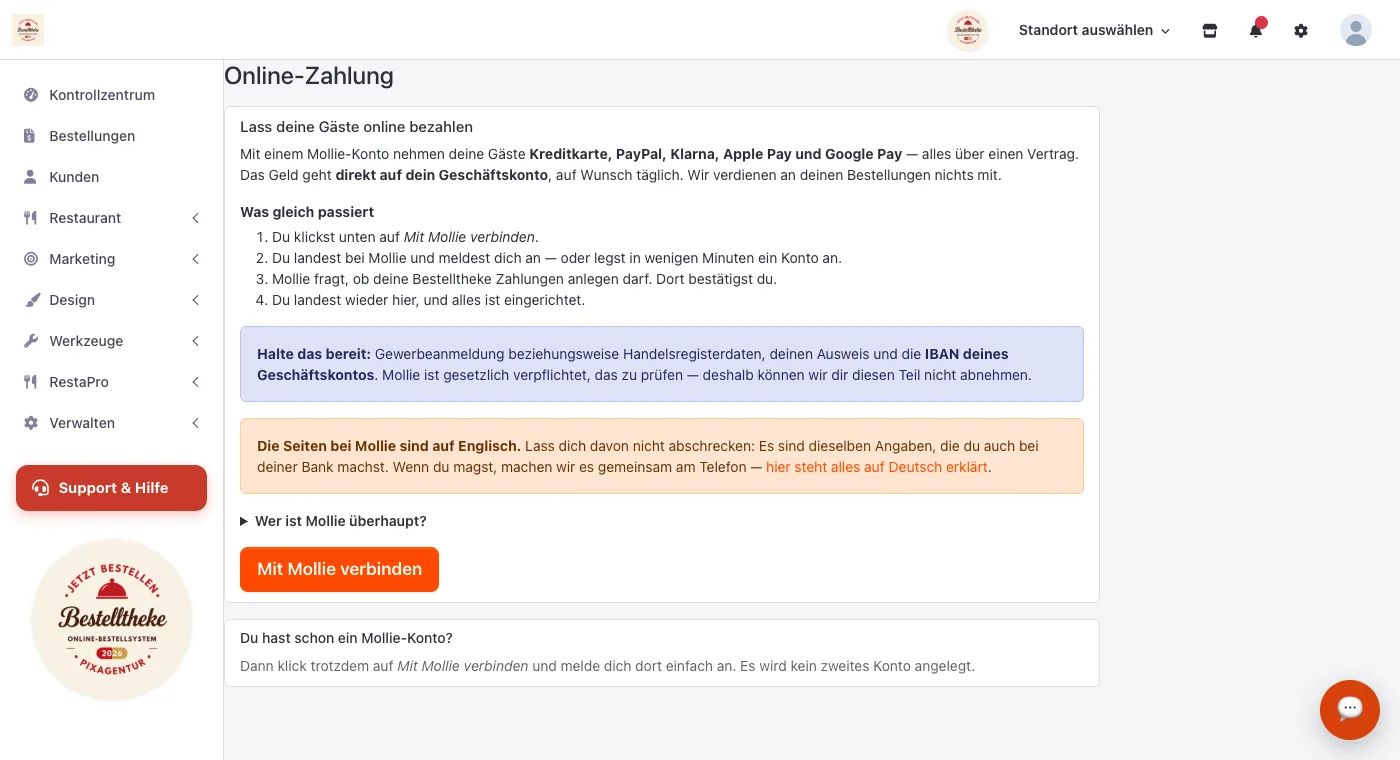 Seite Online-Zahlung im nicht verbundenen Zustand mit dem Knopf Mit Mollie verbinden