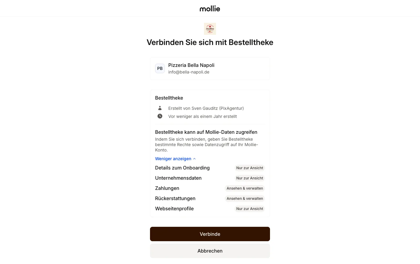 Zustimmungsdialog von Mollie mit der Frage, ob Bestelltheke Zahlungen anlegen darf
