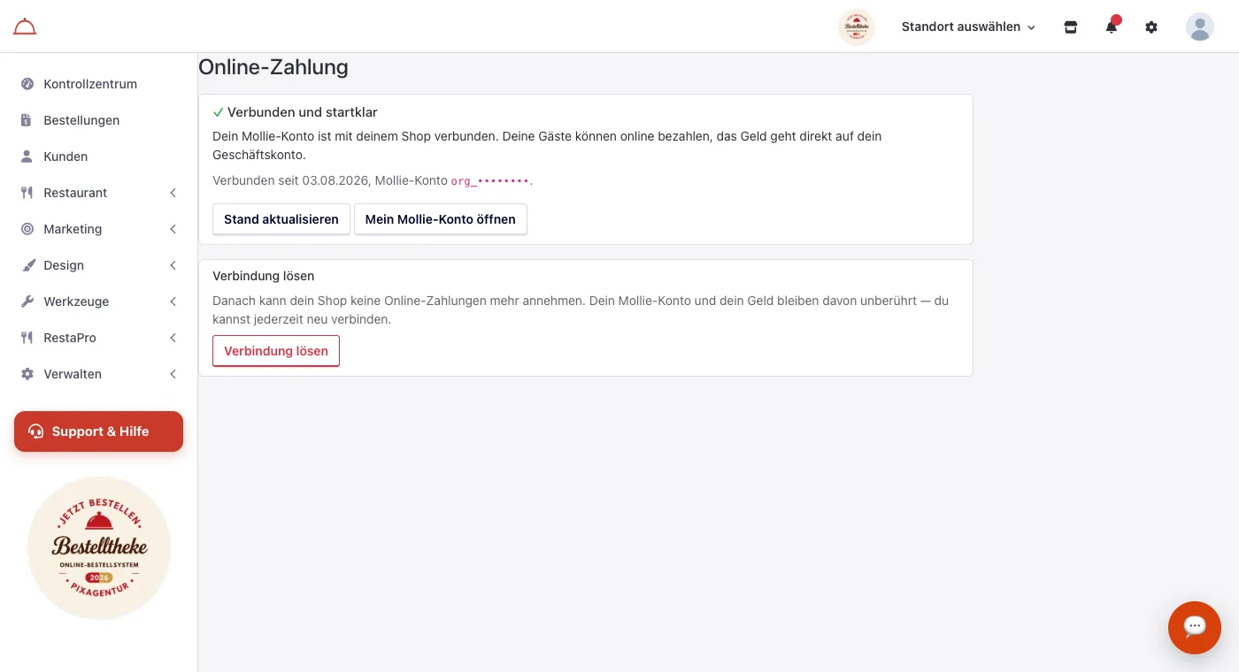 Seite Online-Zahlung im verbundenen Zustand mit grünem Haken und Datum der Verbindung