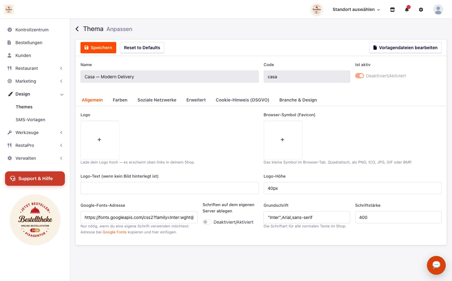 Allgemeine Design-Einstellungen mit Logo, Browser-Symbol und Schriftauswahl