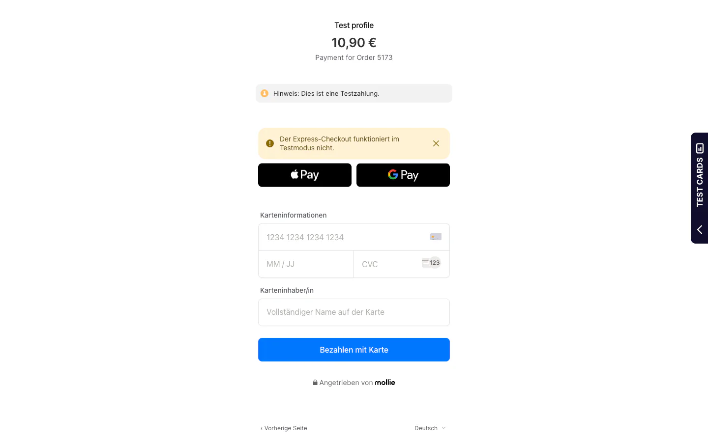 Bezahlseite von Mollie mit Apple Pay, Google Pay und Kartenformular