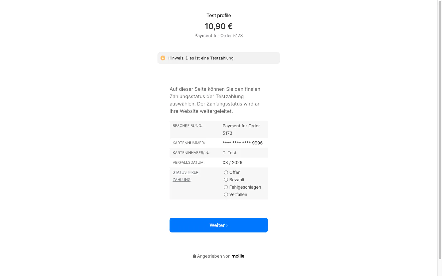 Mollie-Testmodus mit Auswahl des Zahlungsstatus