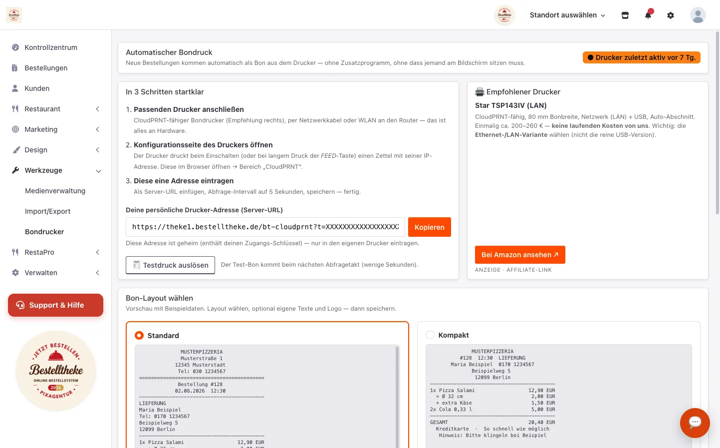 Einrichtungsseite des Bondruckers mit Druckeradresse, Testdruck und Bon-Layouts