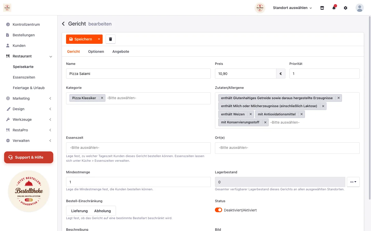 Formular eines Gerichts mit Name, Preis, Kategorie, Allergenen und Status