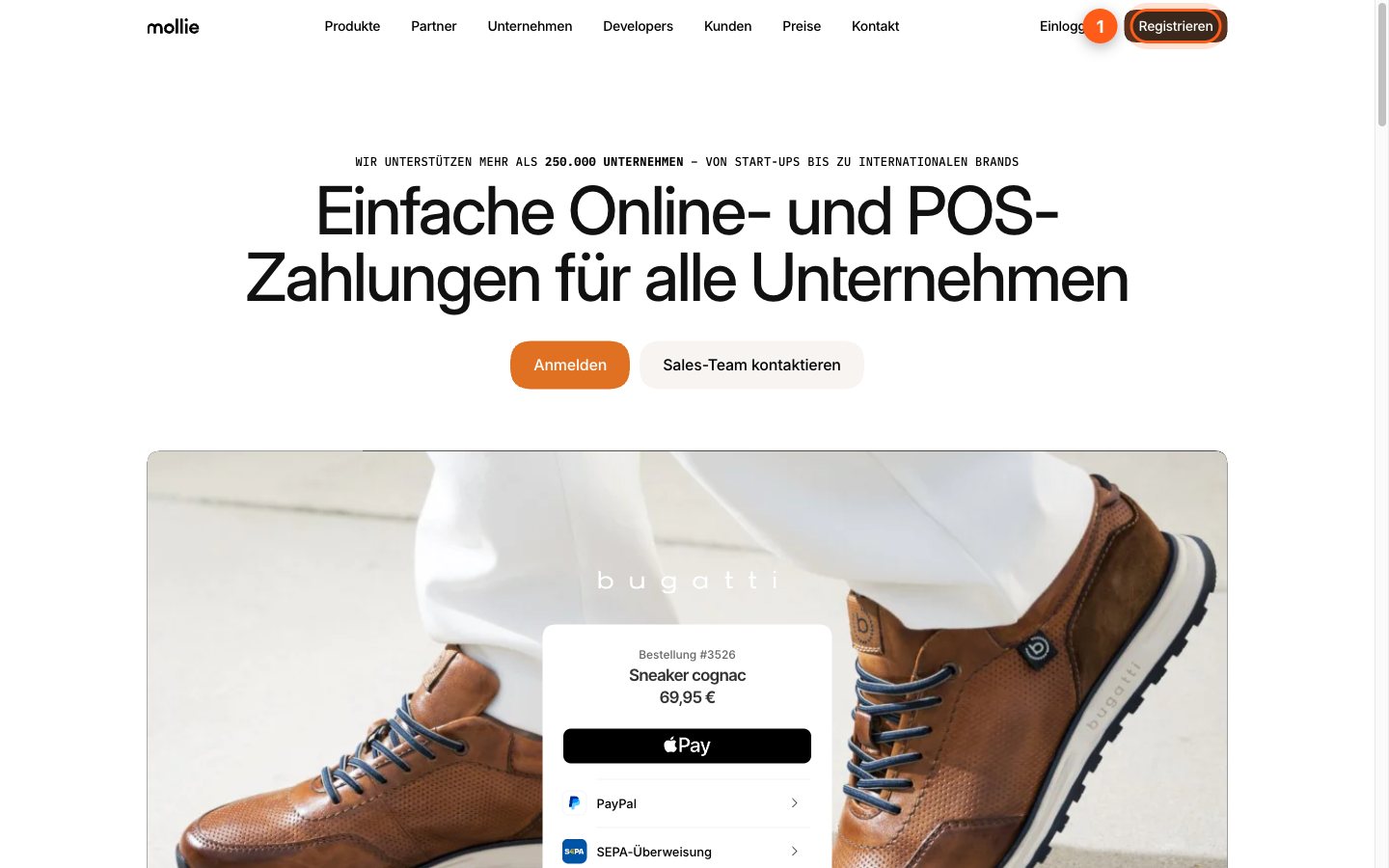 Startseite von mollie.com mit hervorgehobenem Registrieren-Knopf oben rechts