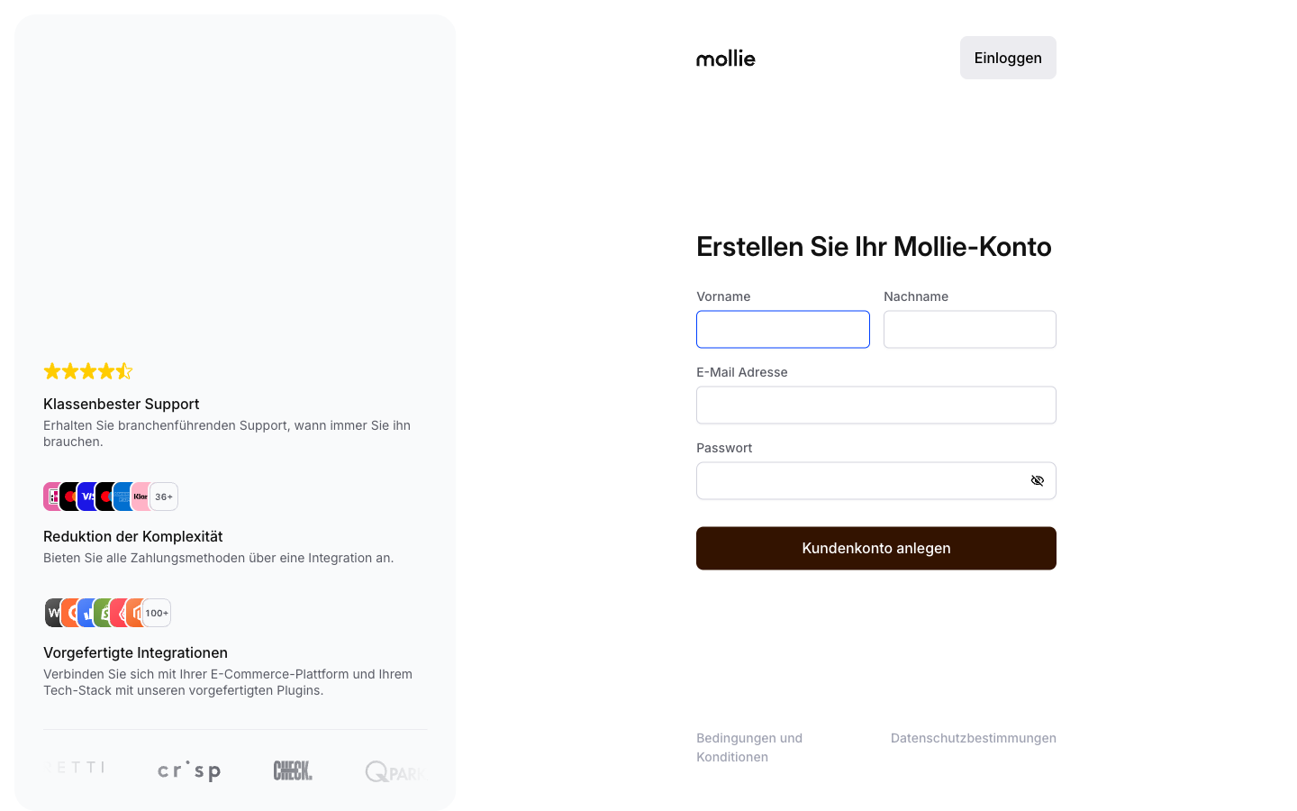 Mollie-Registrierungsformular mit Vorname, Nachname, E-Mail und Passwort