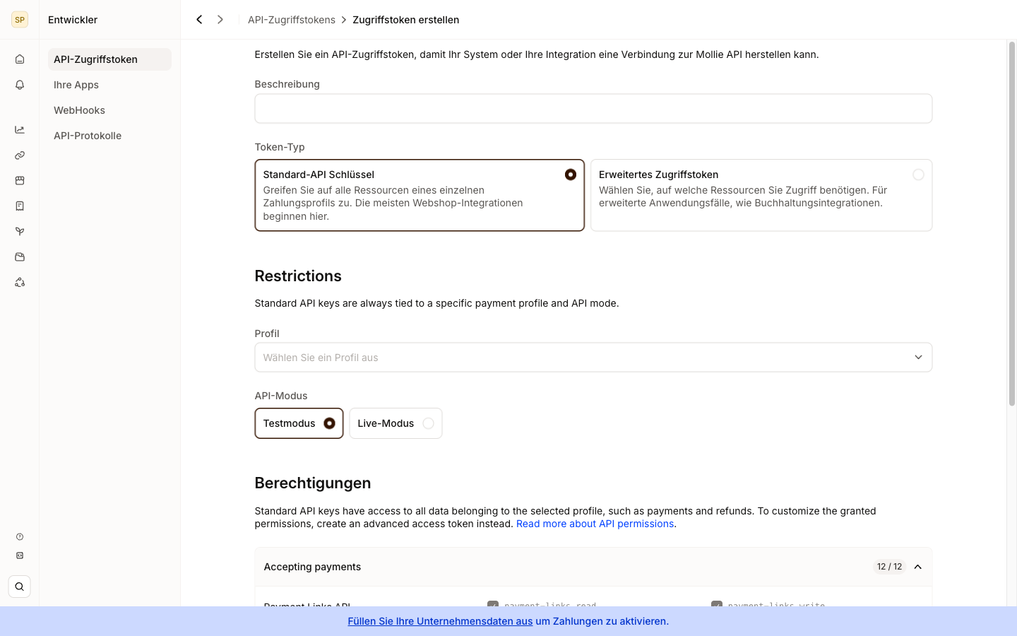 Mollie-Formular zum Erstellen eines Zugriffstokens mit Auswahl des Token-Typs