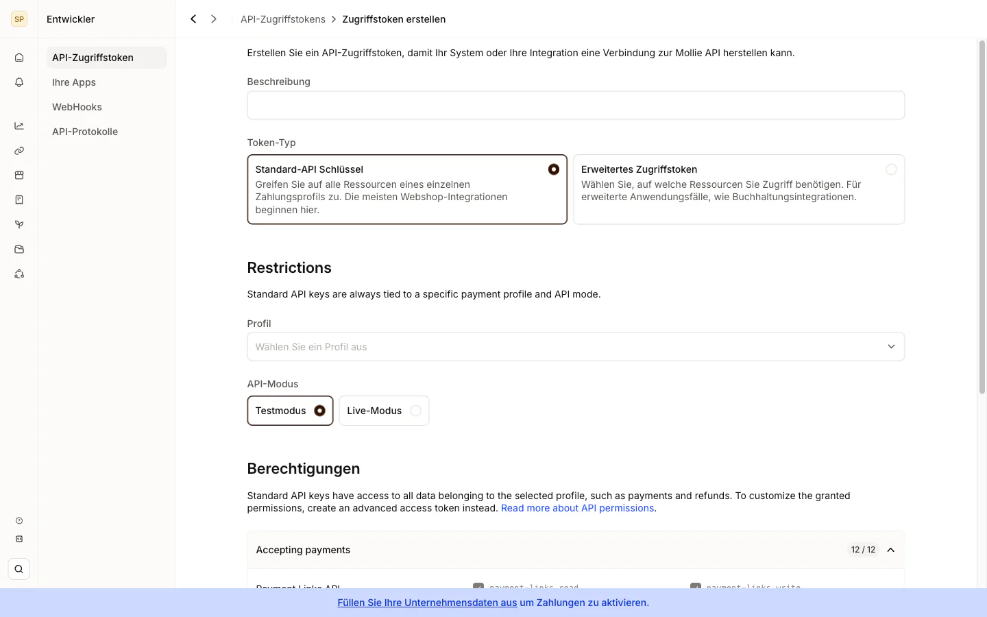 Mollie-Formular zum Erstellen eines Zugriffstokens mit Auswahl des Token-Typs