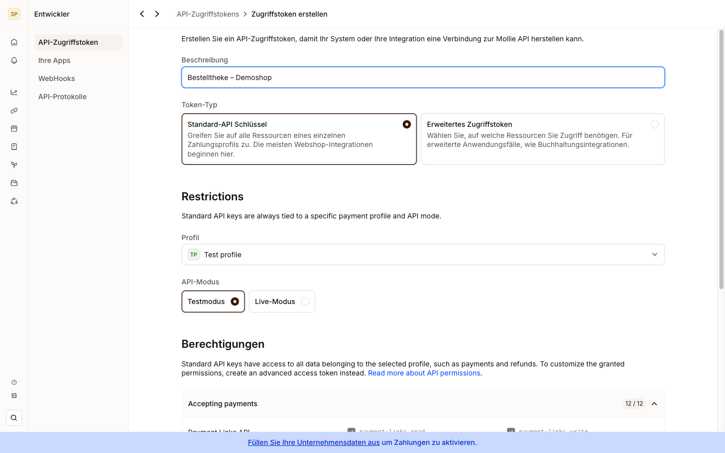 Ausgefülltes Formular mit Beschreibung, Standard-API-Schlüssel, Profil und Testmodus