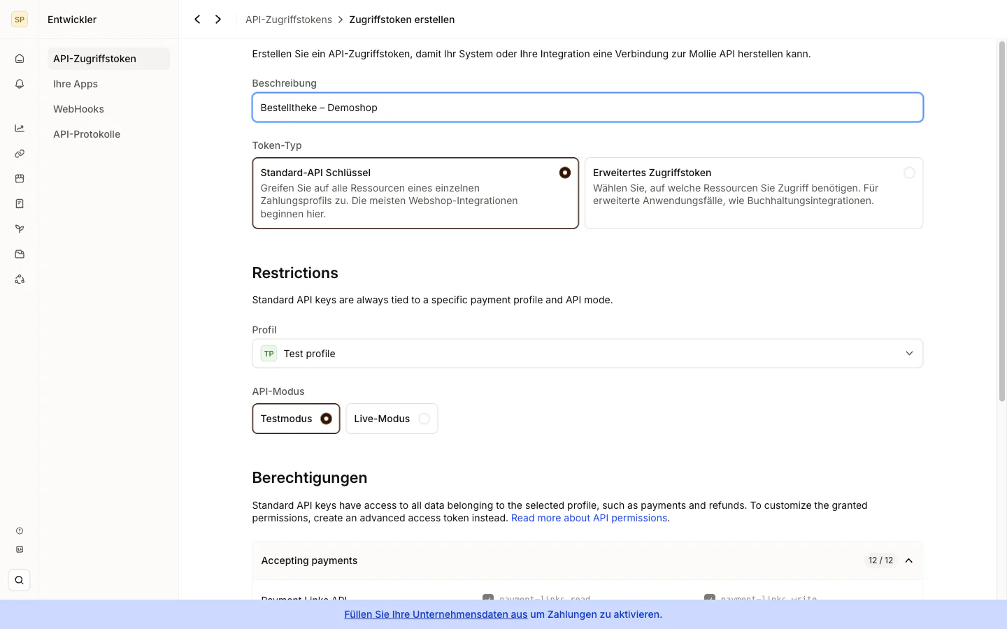 Ausgefülltes Formular mit Beschreibung, Standard-API-Schlüssel, Profil und Testmodus