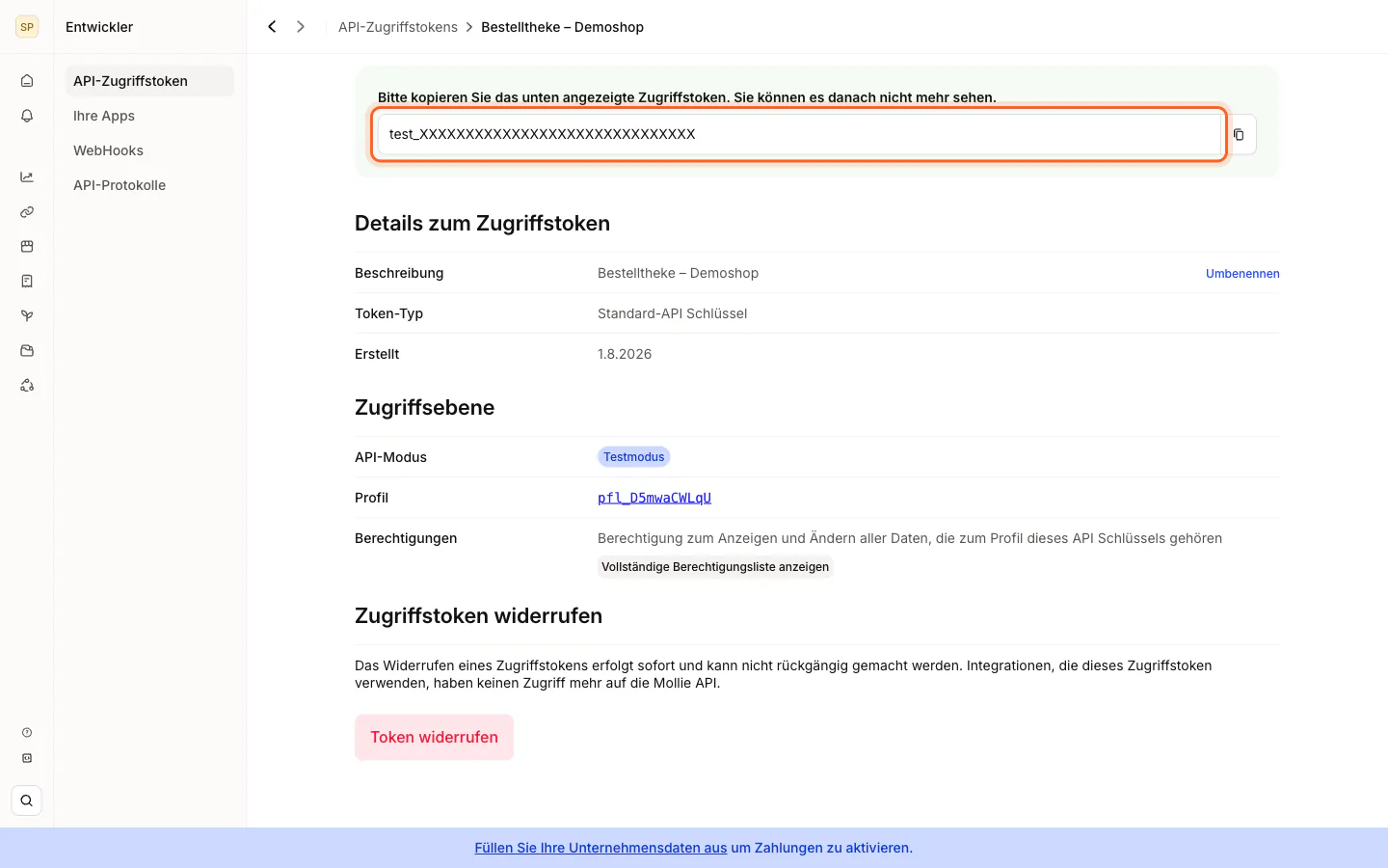 Angezeigter Schlüssel mit dem Hinweis, dass er danach nicht mehr sichtbar ist