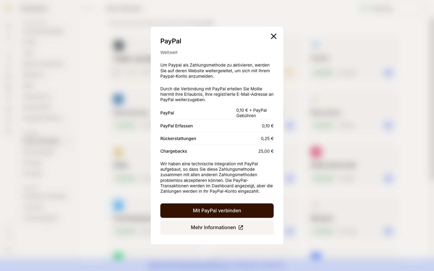 Dialog zum Verbinden des PayPal-Kontos mit Mollie