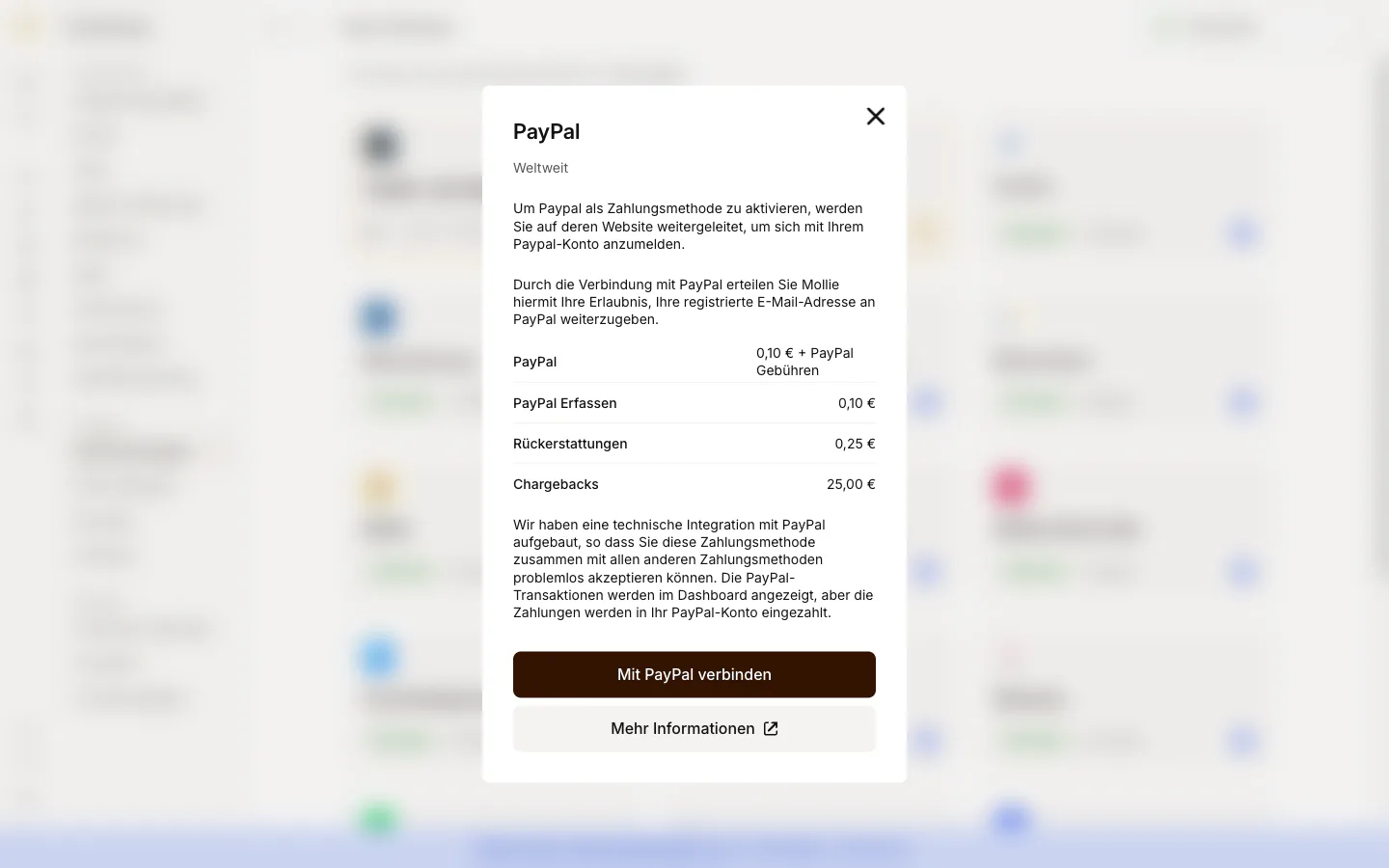 Dialog zum Verbinden des PayPal-Kontos mit Mollie
