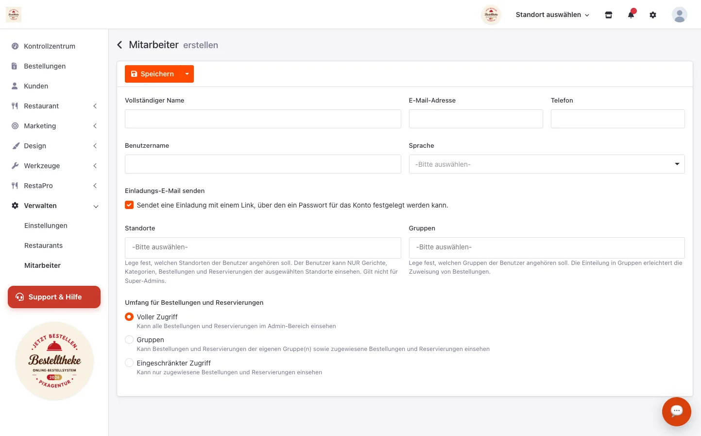 Formular für einen neuen Mitarbeiter mit Name, E-Mail und Zugriffsumfang