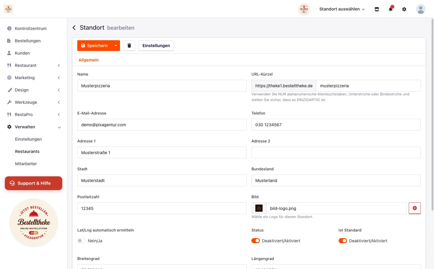 Formular mit Name, E-Mail, Telefon, Adresse und Postleitzahl des Betriebs