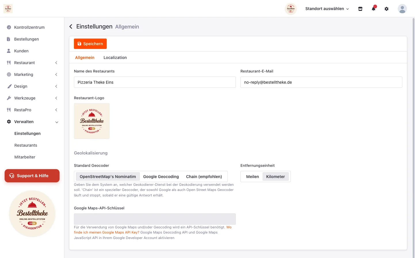 Grundeinstellungen mit Name der Website, Logo und Absenderadresse