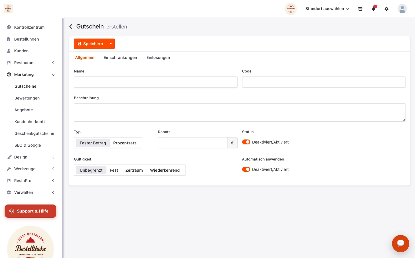 Formular für einen neuen Rabattcode mit Typ, Rabatt und Gültigkeit