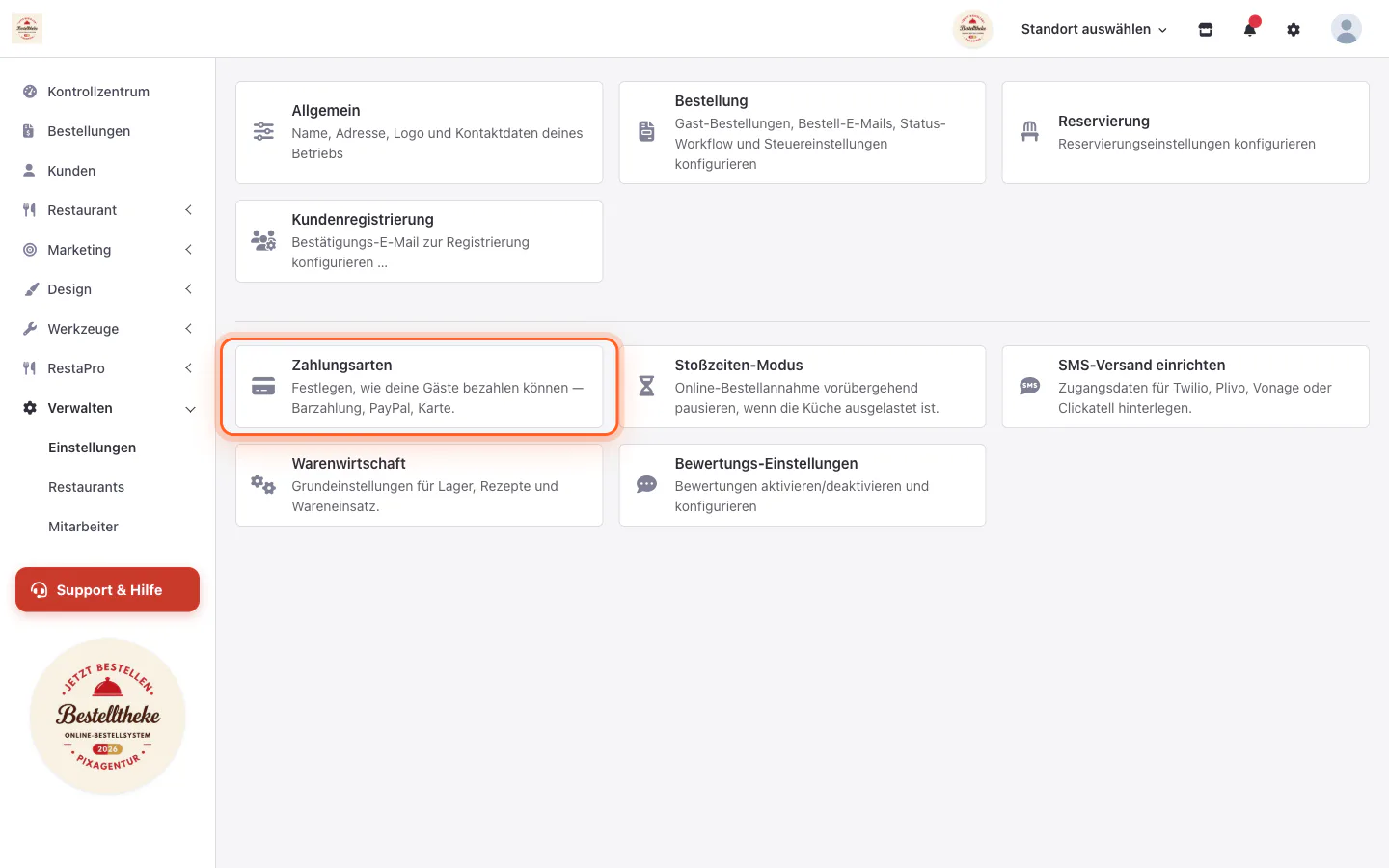 Einstellungsübersicht mit hervorgehobener Kachel Zahlungsarten
