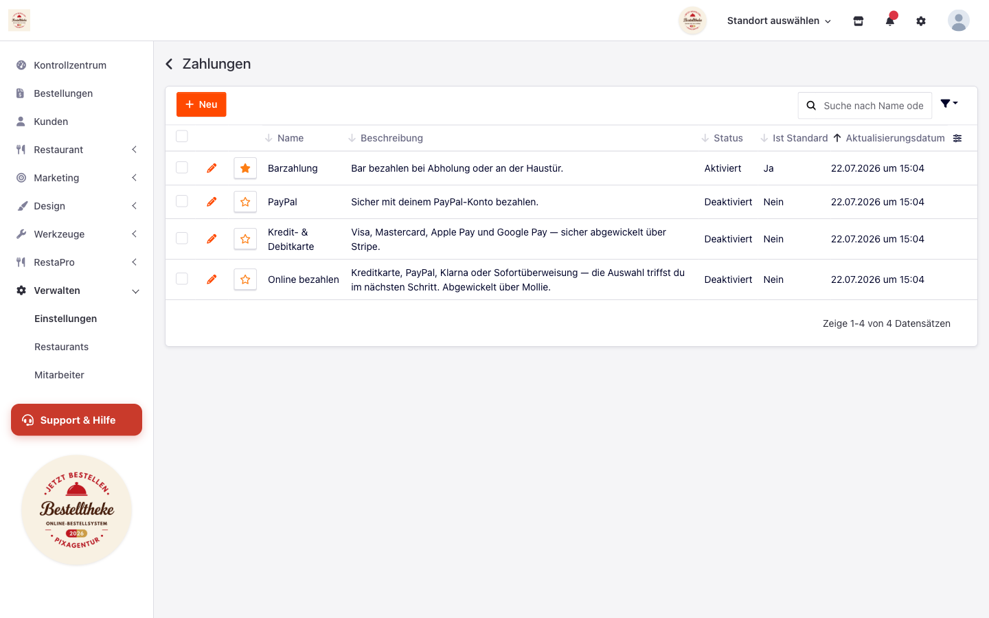Liste der Zahlungsarten mit Barzahlung, PayPal, Kredit- und Debitkarte sowie Online bezahlen