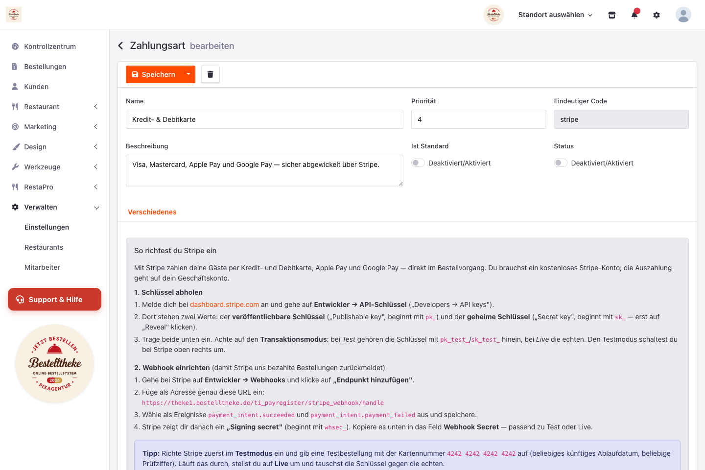 Stripe-Formular in der Bestelltheke mit Anleitung zu Schlüsseln und Webhook